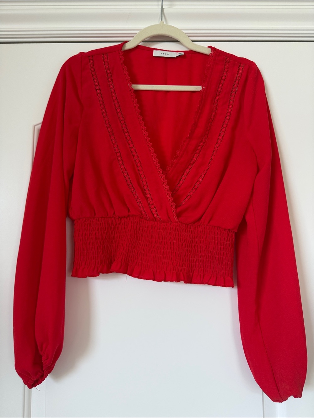 Lush Red V-Neck Smocked Waist Long Sleeve Top